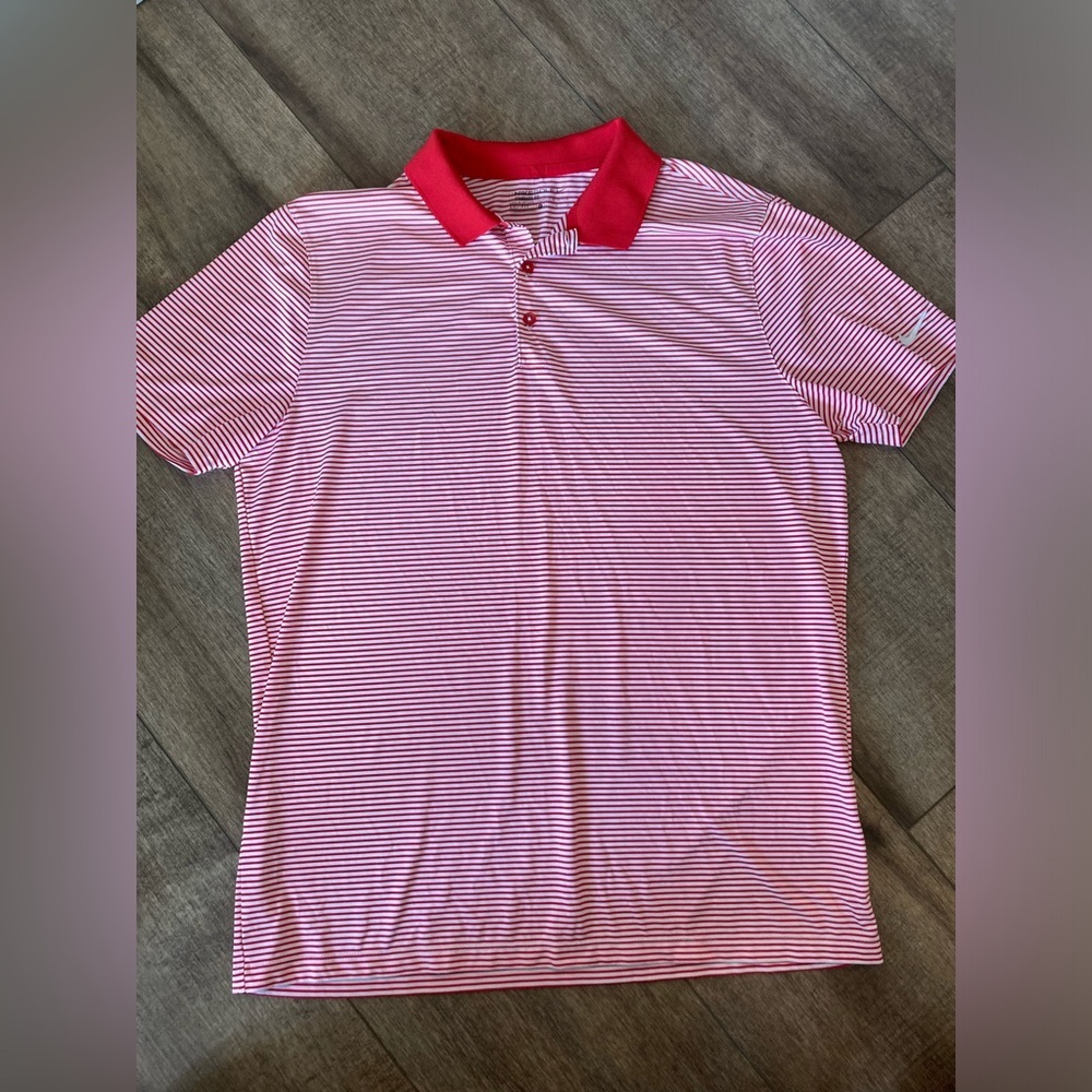 Nike golf Mens L red and white stripe short sleeve polo